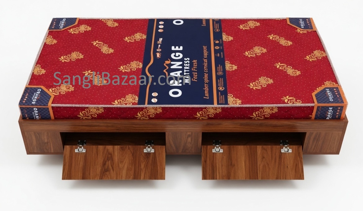 Premium Golden Teak Wood Finish Steel Diwan Bed with Storage & Mattress (3 x 6 Feet)