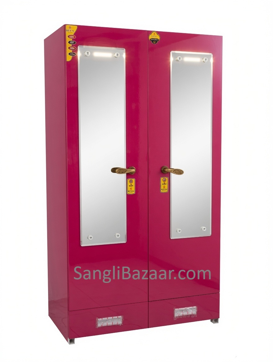 Premium Pink 2 Door Steel Wardrobe with Mirror & Drawer