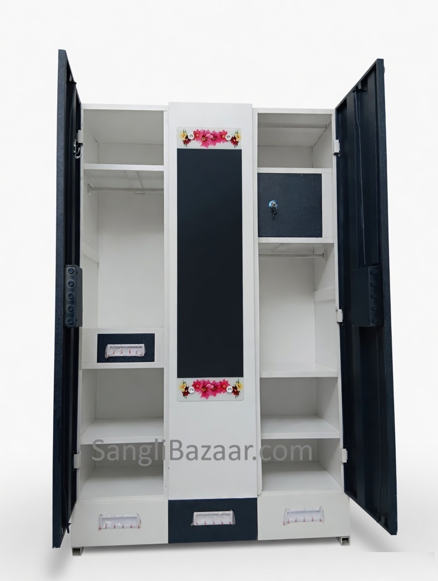 Brown Premium 3 Door Steel Wardrobe with Mirror & Drawer